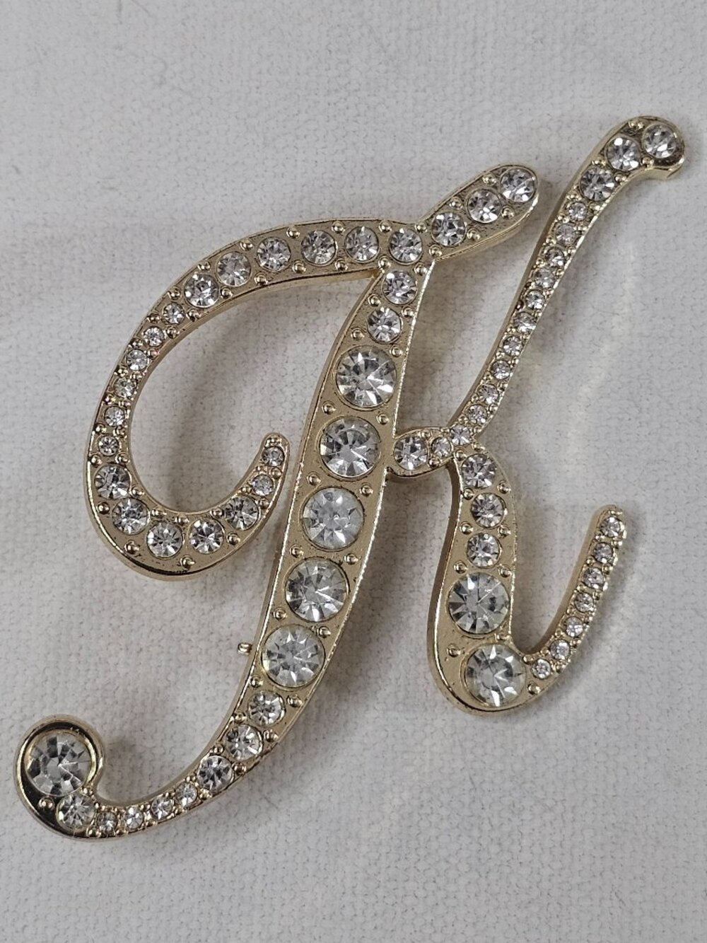 Gold Tone Cursive Letter K Brooch Initial Monogram Clear Rhinestone Unmarked Pin
